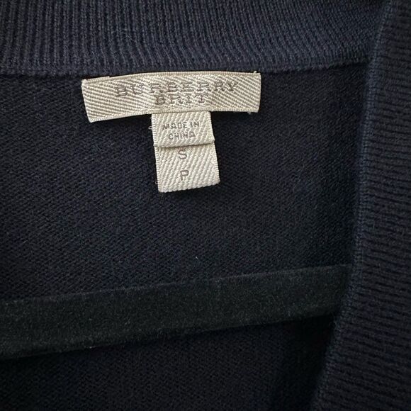 Burberry Brit Check Print Cuff V-Neck Cashmere Navy Blue Sweater Size SP - Picture 3 of 9